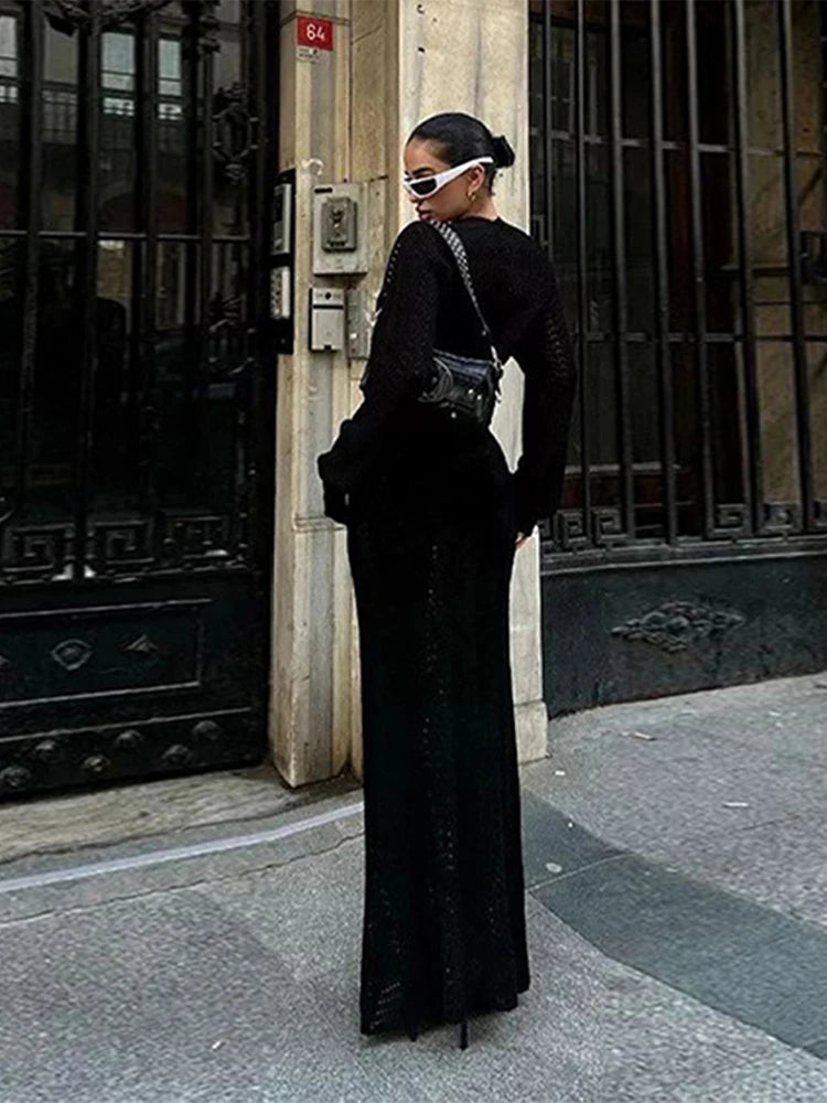 Robe longue ajourée col V — Sunset Muse