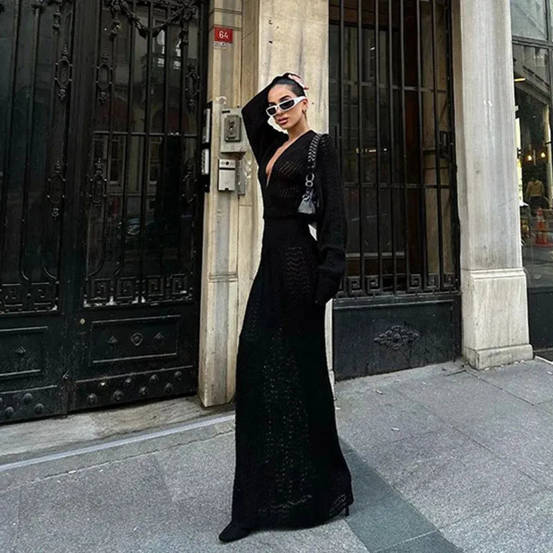 Robe longue ajourée col V — Sunset Muse