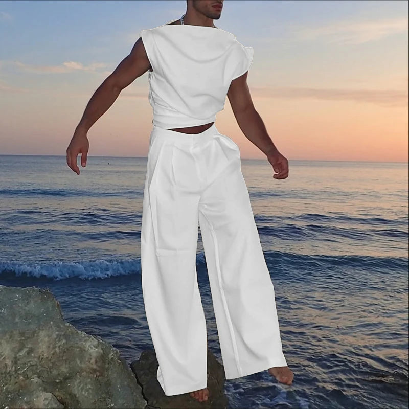 Ensembles couleur unie sans manches plissé culture débardeurs et pantalons